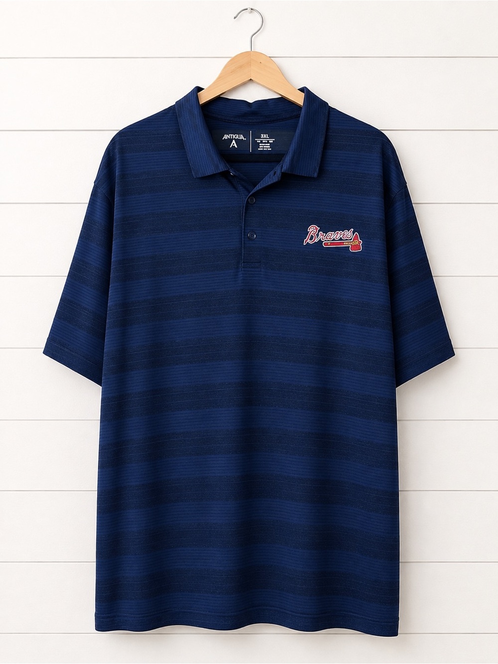 Antigua Atlanta Braves MLB Polo Shirt Mens 3XL Navy Blue Striped Short Sleeve